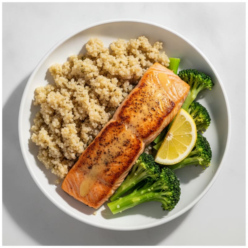 Seared Salmon with Steamed Broccoli and Quinoa