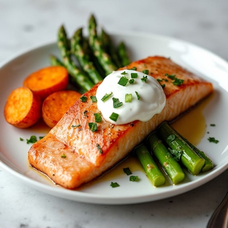 Seared Salmon with Roasted Sweet Potatoes and Asparagus