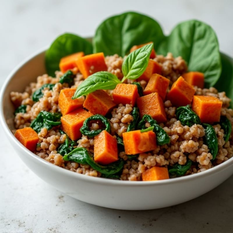 Sweet Potato and Lean Ground Turkey Skillet with Fresh Spinach