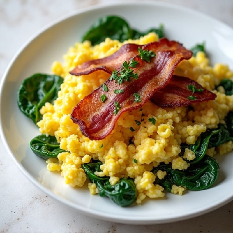 Egg White Scramble with Crispy Bacon and Sautéed Spinach