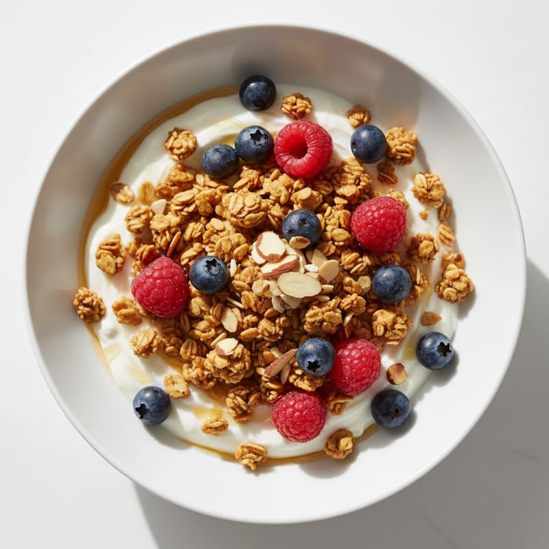 Greek Yogurt Parfait with Crunchy Almond Granola and Fresh Berries