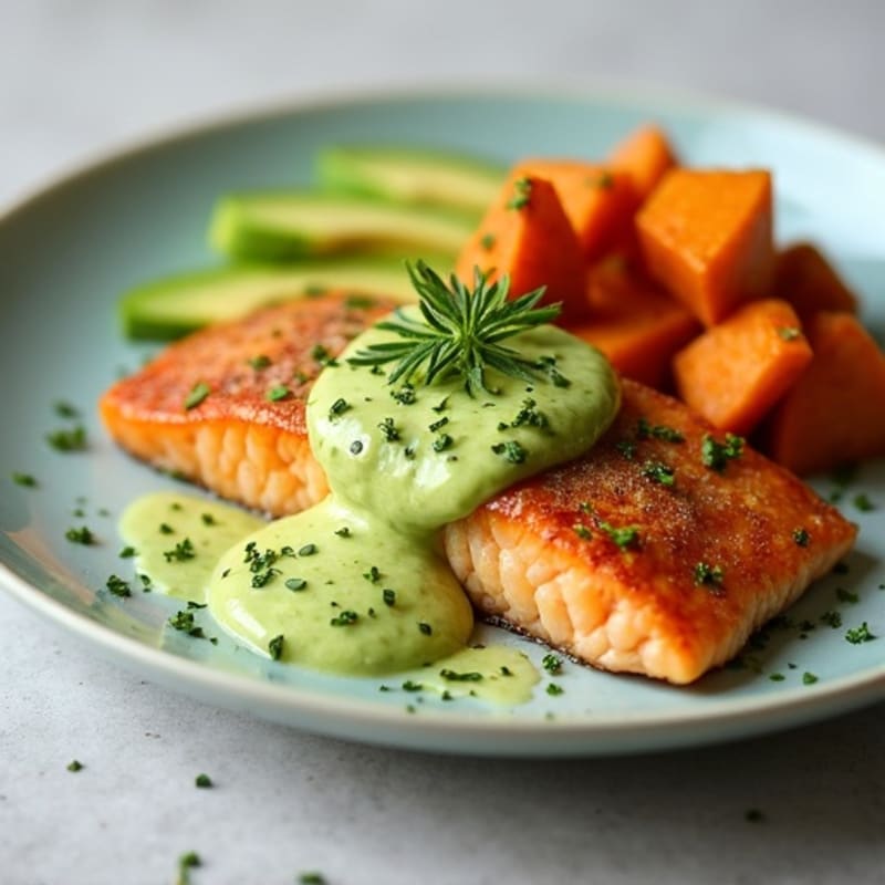 Crispy Skin Salmon with Creamy Avocado-Lime Sauce and Roasted Sweet Potatoes