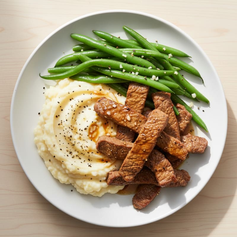 Seared Lean Beef Strips with Steamed Green Beans and Cauliflower Mash