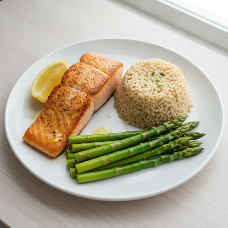 Seared Salmon with Steamed Asparagus and Brown Rice