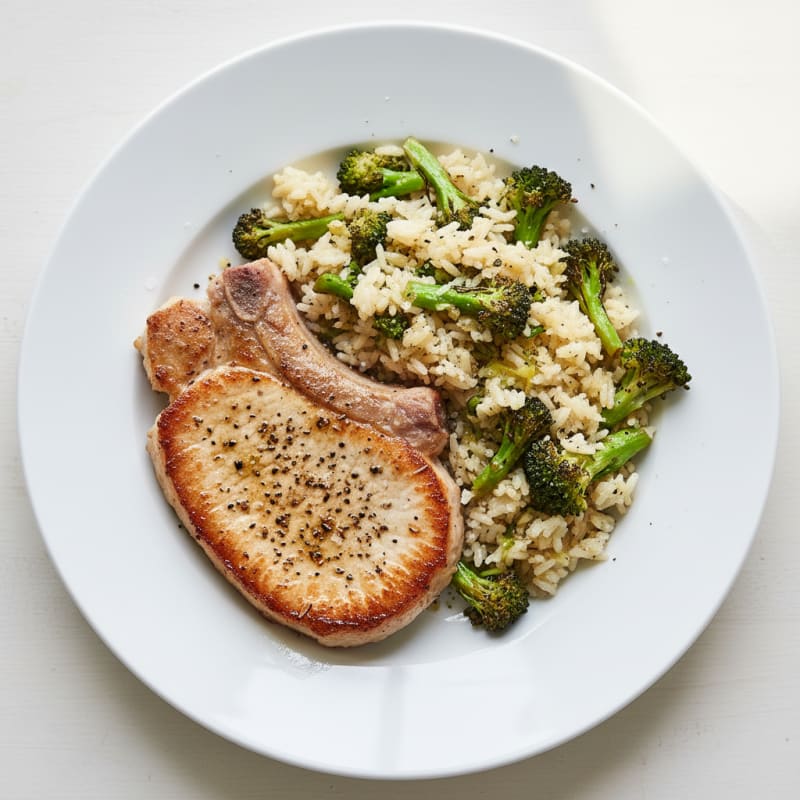 Pan-Seared Pork Chop with Roasted Broccoli Rice