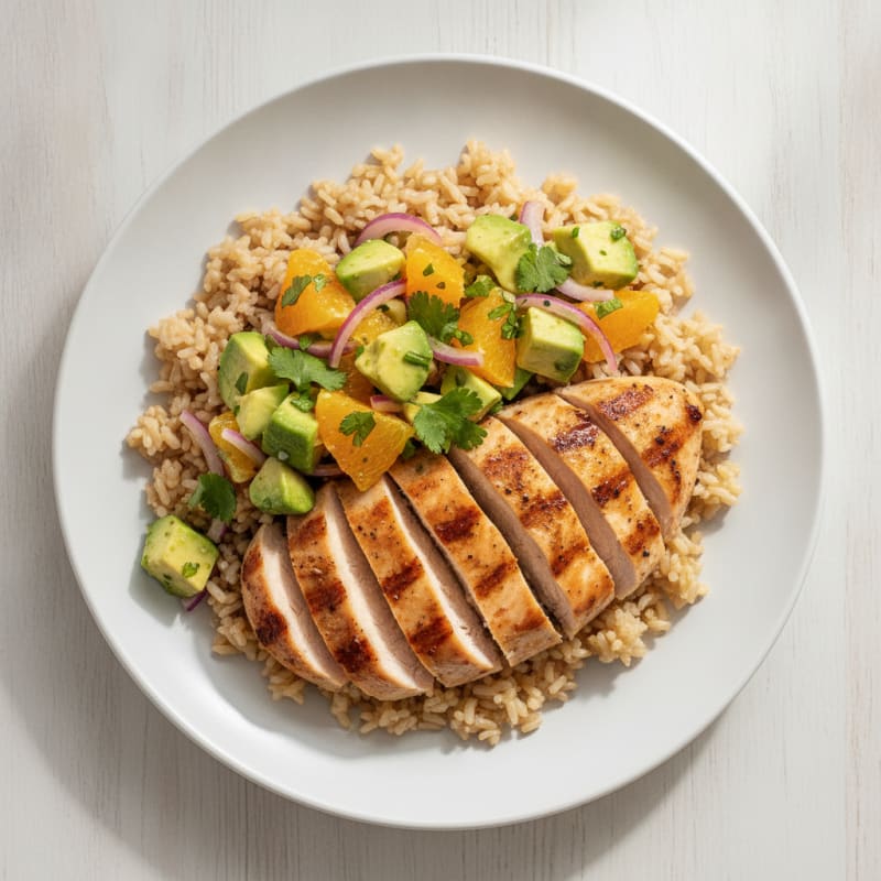 Grilled Chicken Breast with Brown Rice and Citrus-Avocado Salsa