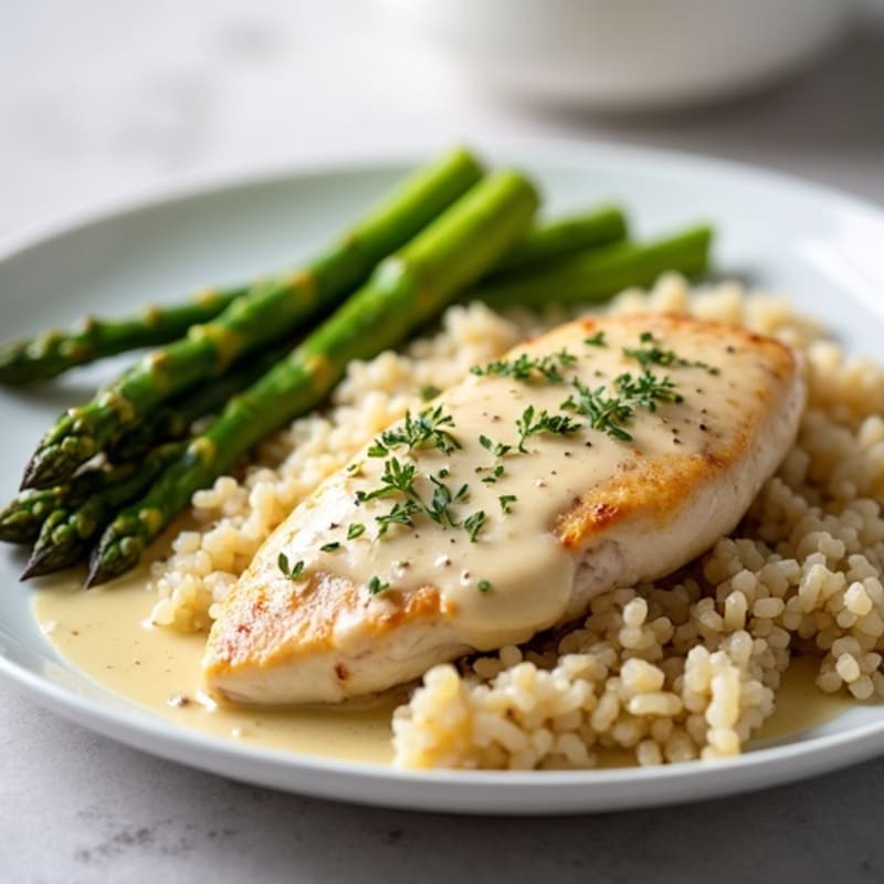 Creamy Garlic Herb Chicken with Roasted Asparagus and Brown Rice