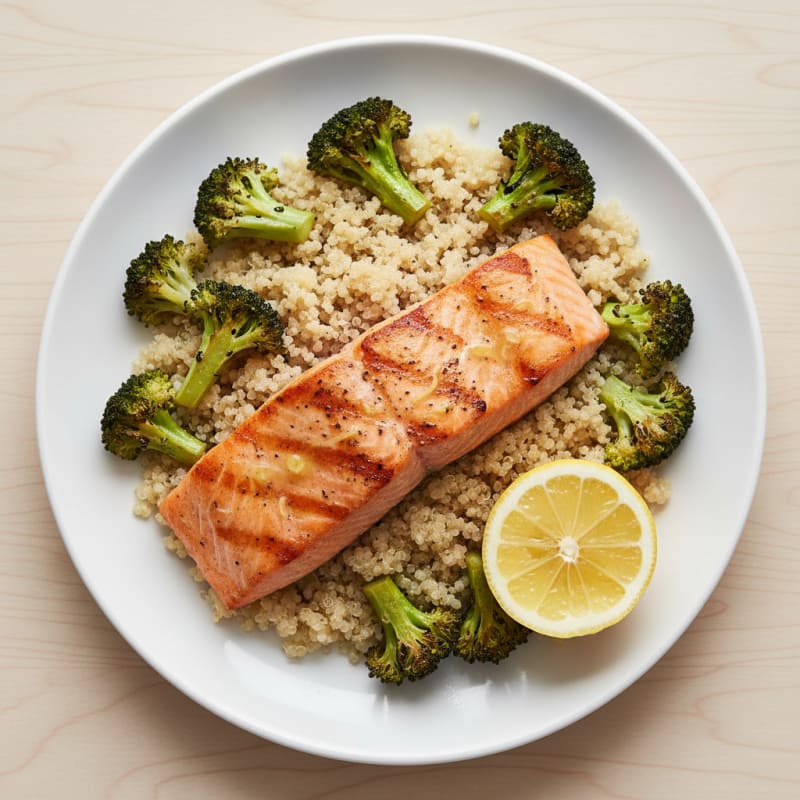 Seared Salmon Fillet with Roasted Broccoli and Quinoa