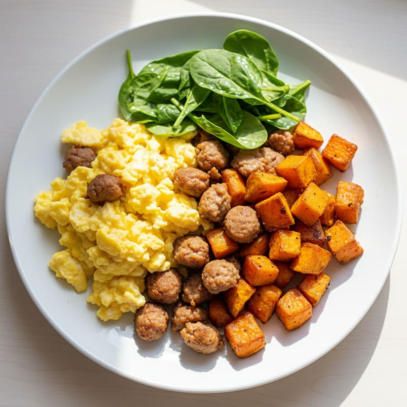 Scrambled Eggs with Turkey Sausage and Roasted Sweet Potato