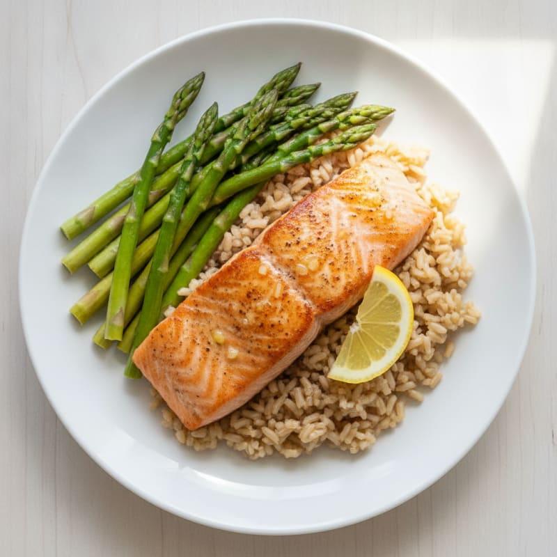 Seared Salmon with Steamed Asparagus and Brown Rice