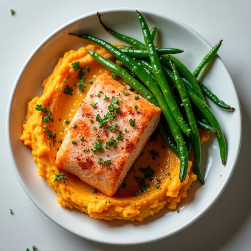 Seared Salmon Fillet with Garlic Green Beans and Sweet Potato Mash