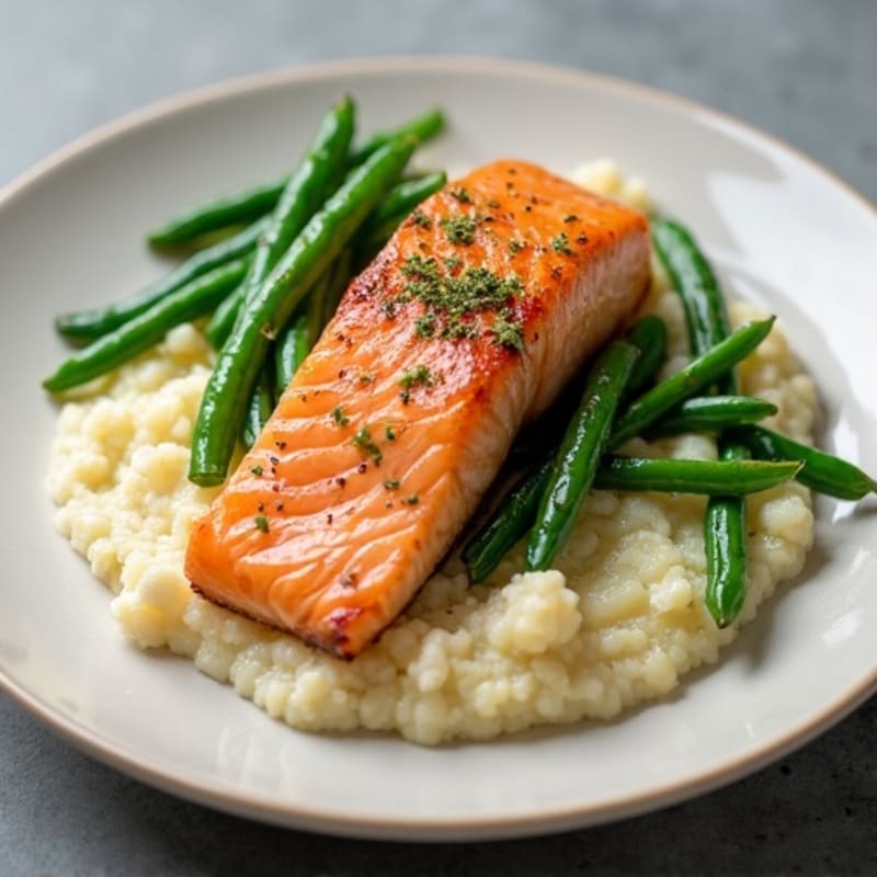Seared Salmon with Steamed Green Beans and Garlic Mashed Cauliflower