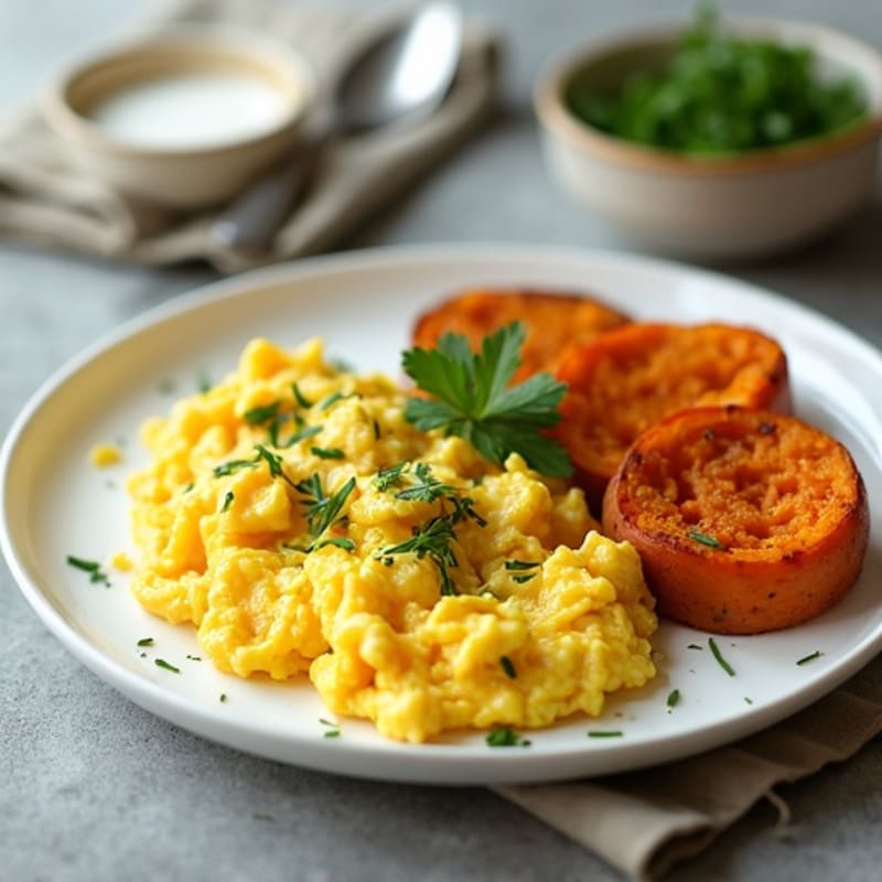 Scrambled Eggs with Fresh Herbs and Roasted Sweet Potatoes