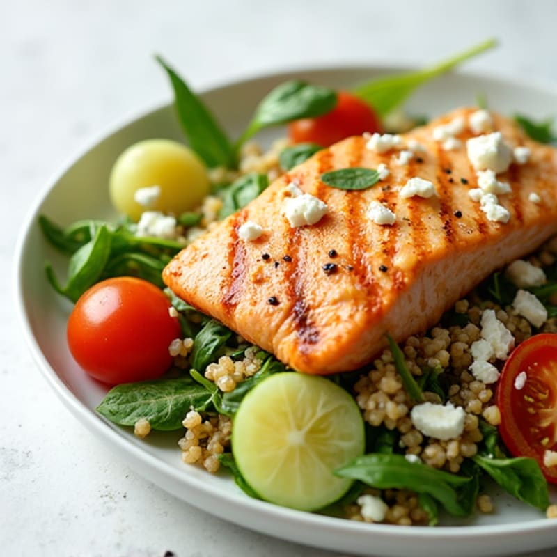 Grilled Salmon Salad with Mixed Greens and Quinoa