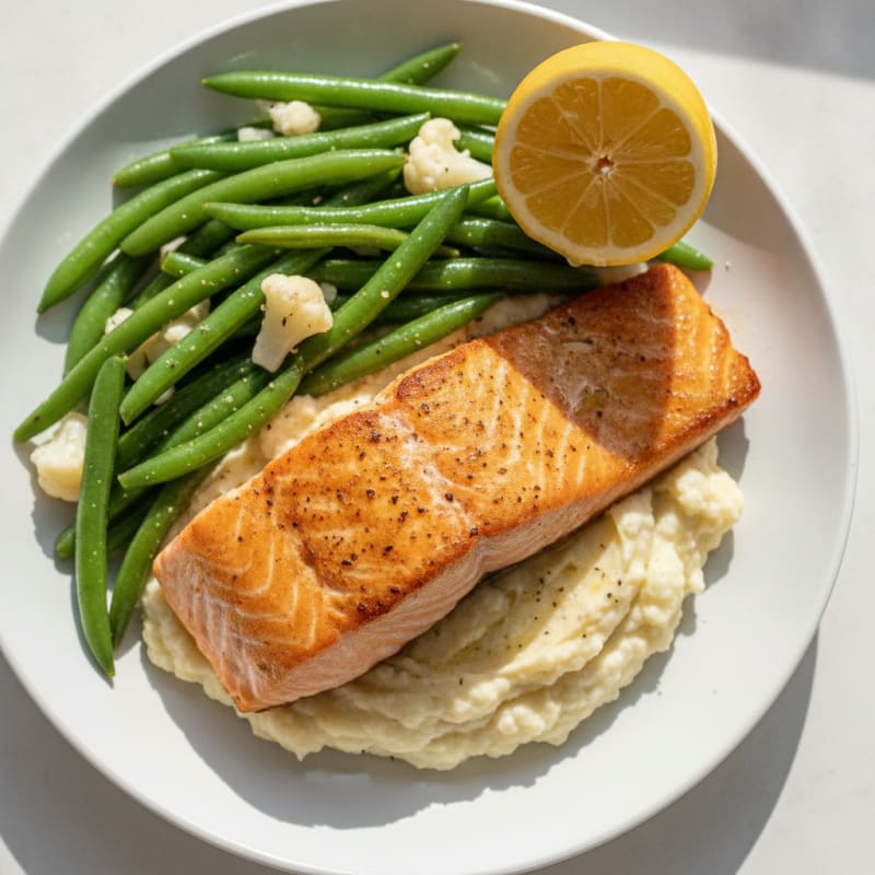 Seared Salmon with Steamed Green Beans and Cauliflower Mash