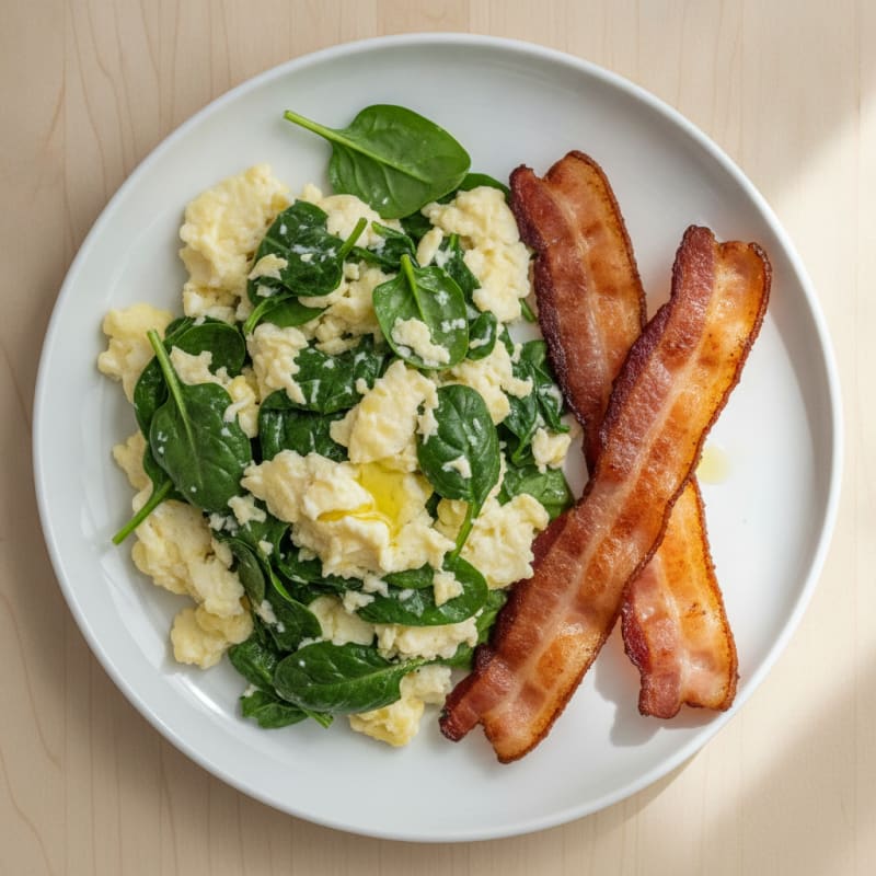 Egg White and Spinach Scramble with Grilled Turkey Bacon