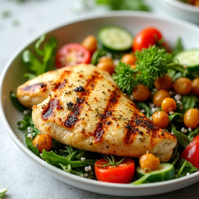 Lemon-Herb Grilled Chicken with Crispy Chickpeas and Fresh Vegetable Salad