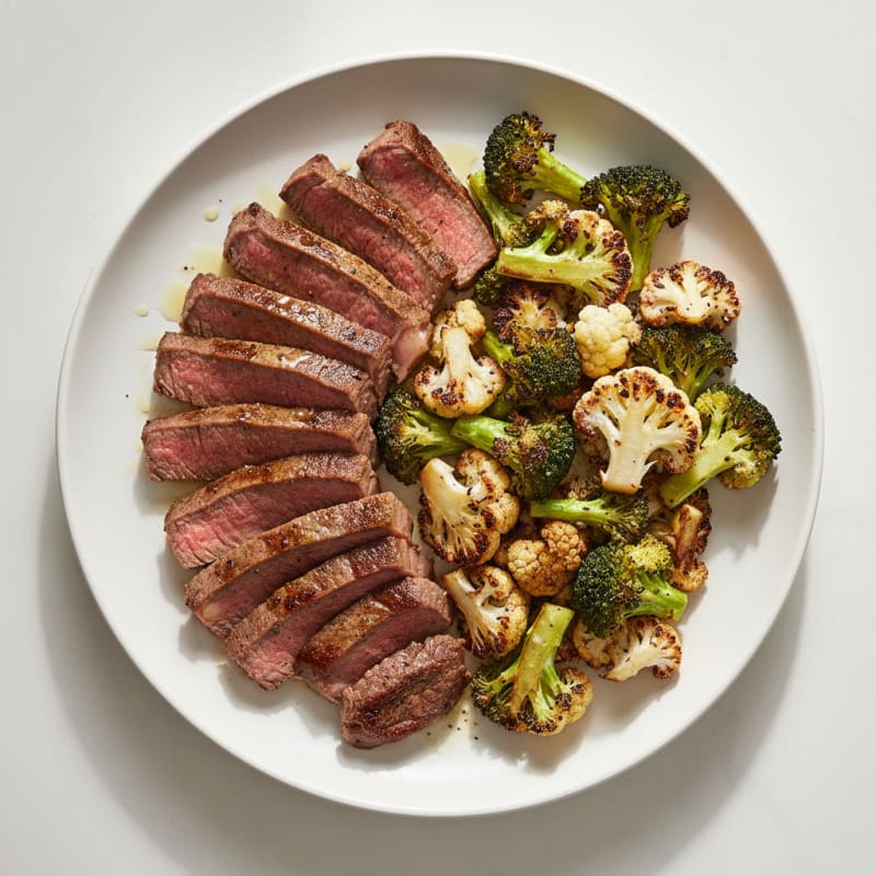 Seared Lean Beef Strips with Roasted Broccoli and Cauliflower