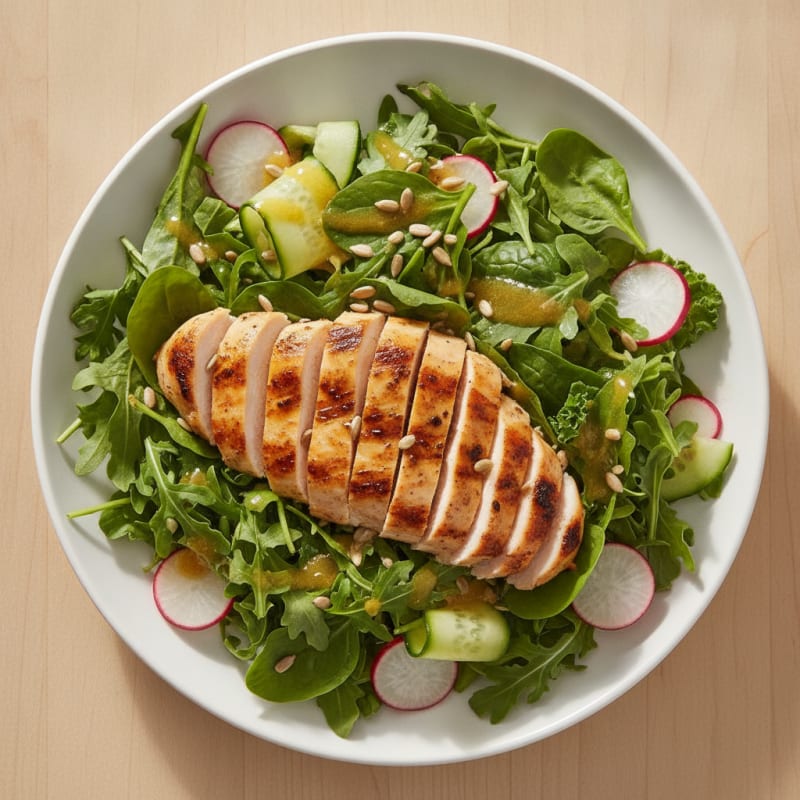 Grilled Chicken Breast Salad with Crunchy Mixed Greens and Lemon Vinaigrette