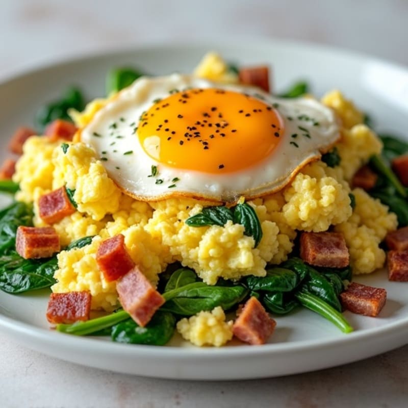 Cottage Cheese Egg Scramble with Spinach and Turkey Bacon
