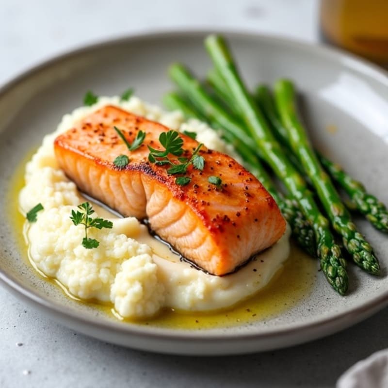 Seared Salmon with Steamed Asparagus and Cauliflower Mash