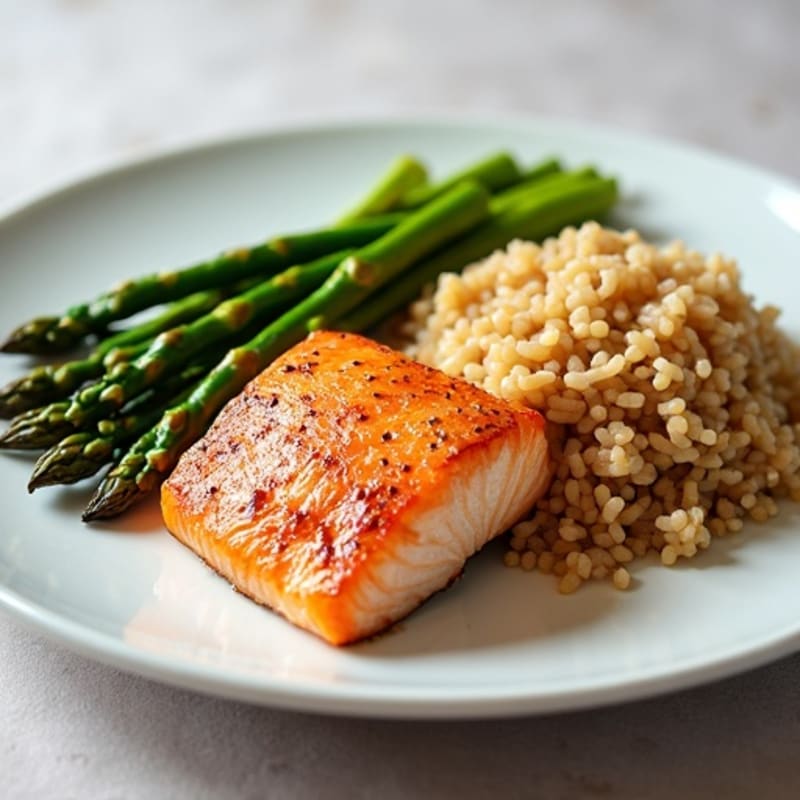 Seared Salmon with Steamed Asparagus and Brown Rice