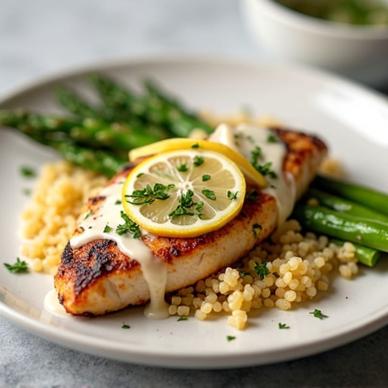Creamy Lemon Garlic Chicken with Roasted Asparagus and Quinoa