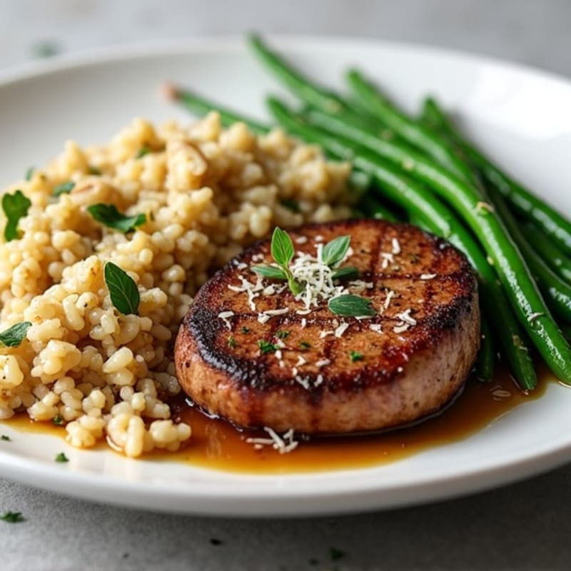 Seared Sirloin Steak with Garlic Green Beans and Herb Rice