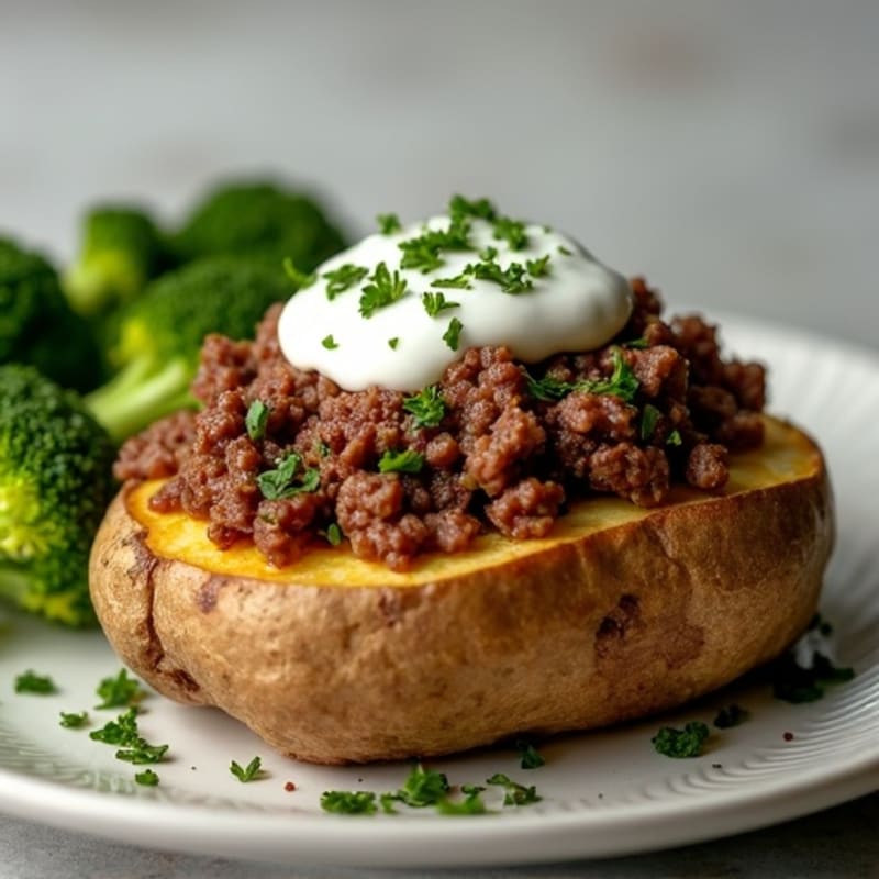 Crispy Baked Potato with Lean Ground Beef, Roasted Broccoli, and Greek Yogurt