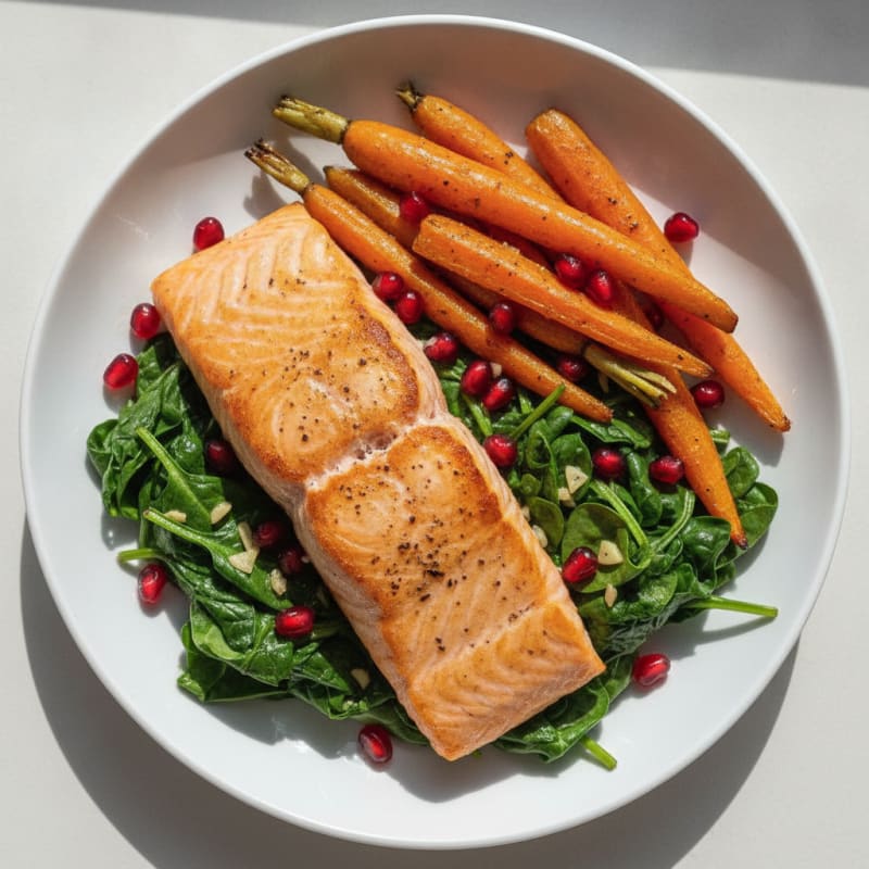 Seared Salmon Fillet with Sautéed Spinach and Roasted Carrots