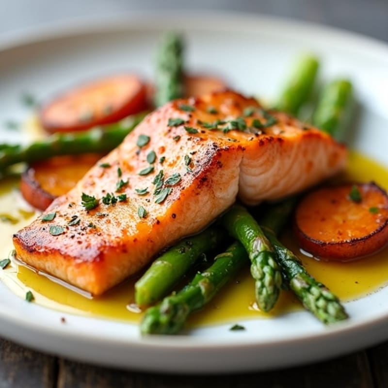 Seared Salmon with Roasted Sweet Potato and Asparagus