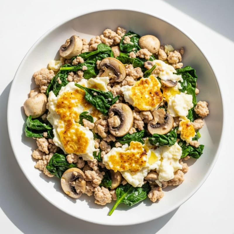 Egg White and Turkey Spinach Scramble with Sautéed Mushrooms