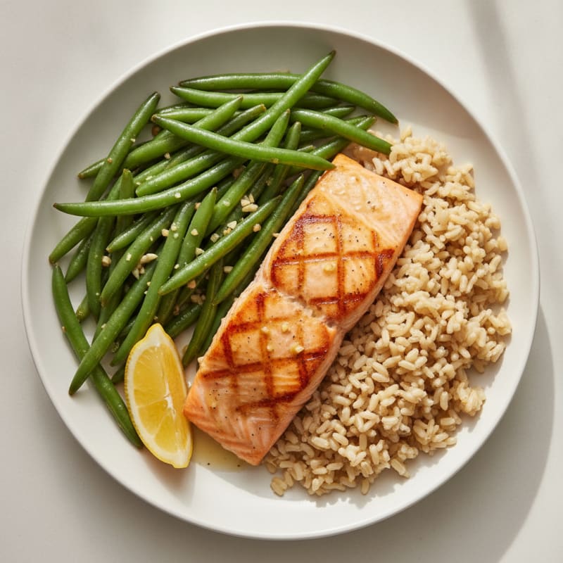 Seared Salmon with Garlic Green Beans and Brown Rice