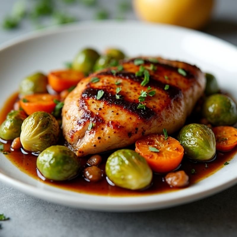 Balsamic Glazed Chicken with Roasted Brussels Sprouts and Sweet Potatoes