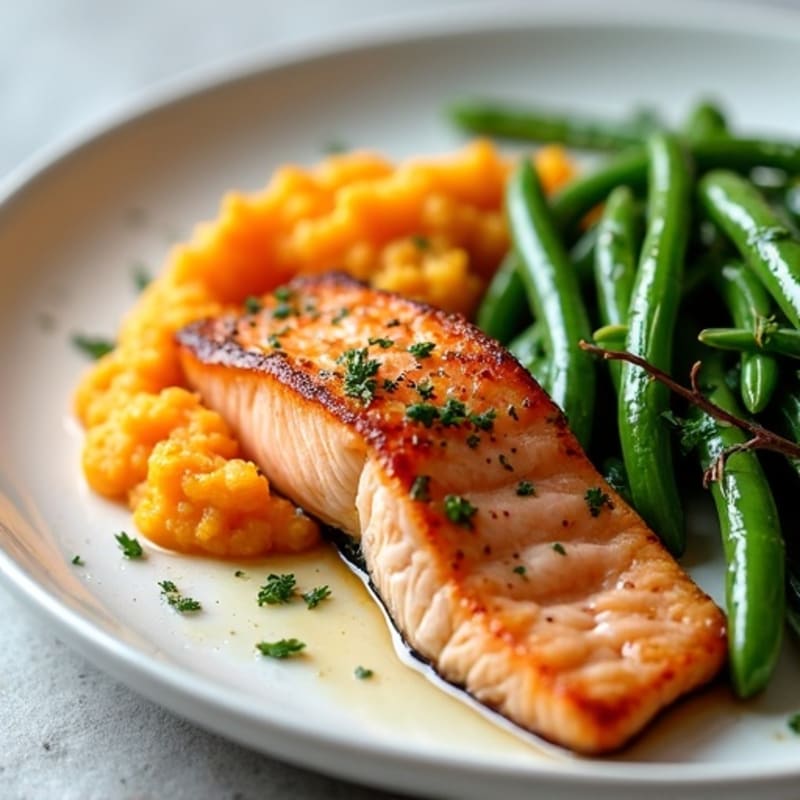 Seared Salmon Fillet with Garlic Green Beans and Sweet Potato Mash