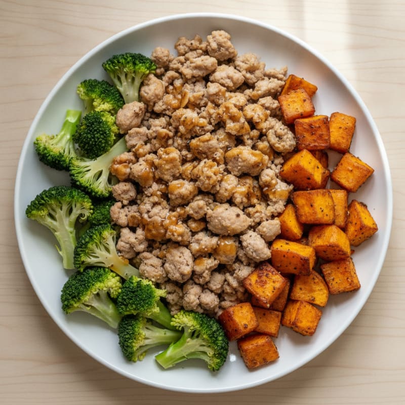 Ground Turkey with Roasted Sweet Potatoes and Broccoli