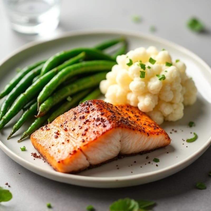 Seared Salmon with Steamed Green Beans and Garlic Mashed Cauliflower
