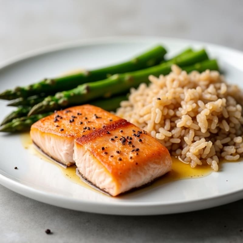 Seared Salmon with Steamed Asparagus and Brown Rice