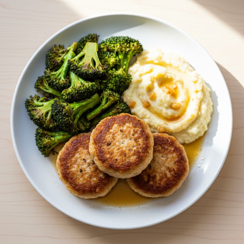 Seared Turkey Patties with Roasted Broccoli and Garlic Mashed Cauliflower