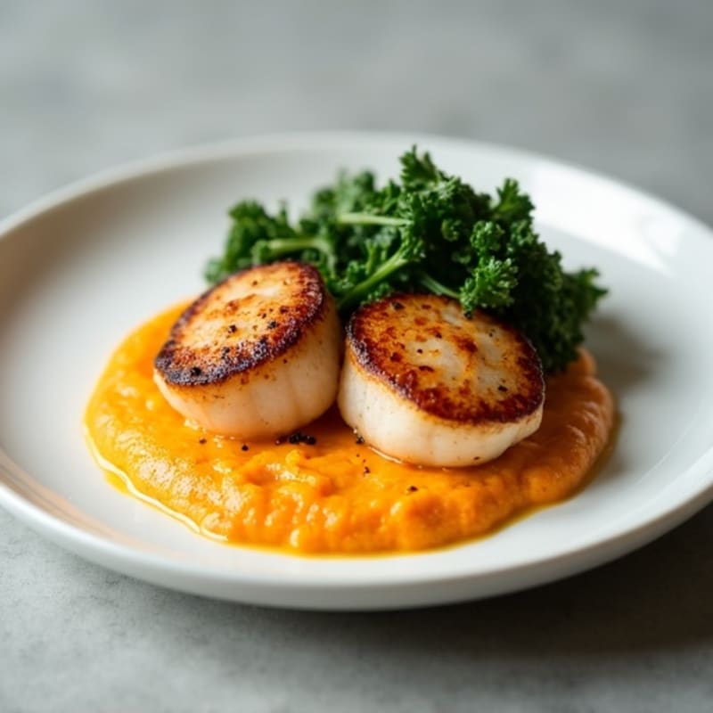 Seared Scallops with Creamy Sweet Potato Puree and Crispy Greens