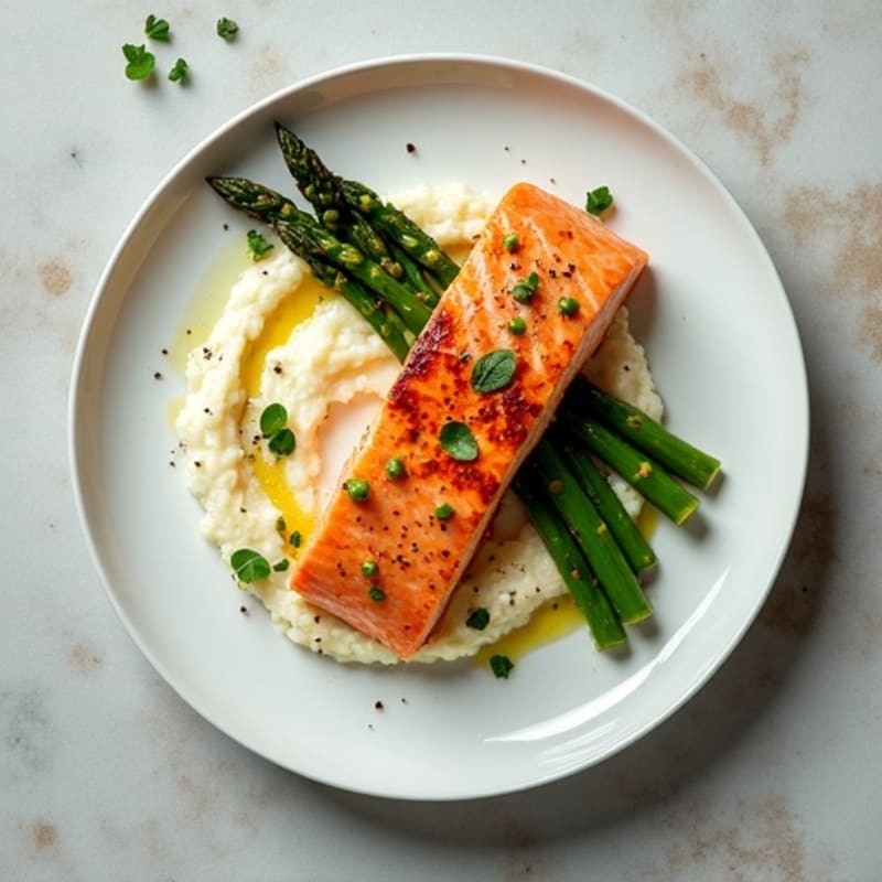 Seared Salmon with Roasted Asparagus and Cauliflower Mash