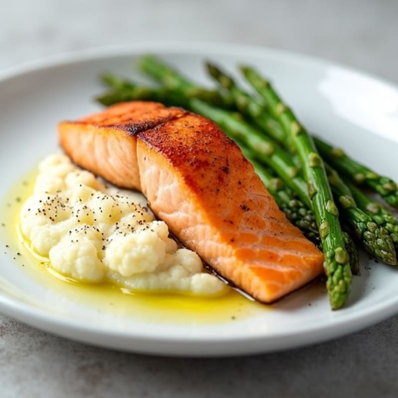 Seared Salmon with Steamed Asparagus and Cauliflower Mash