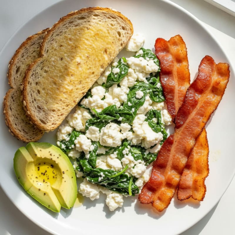 Egg White and Spinach Scramble with Cottage Cheese and Turkey Bacon