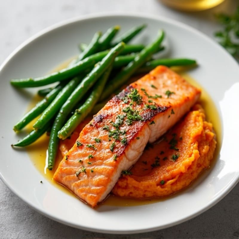 Seared Salmon with Garlic Green Beans and Sweet Potato Mash