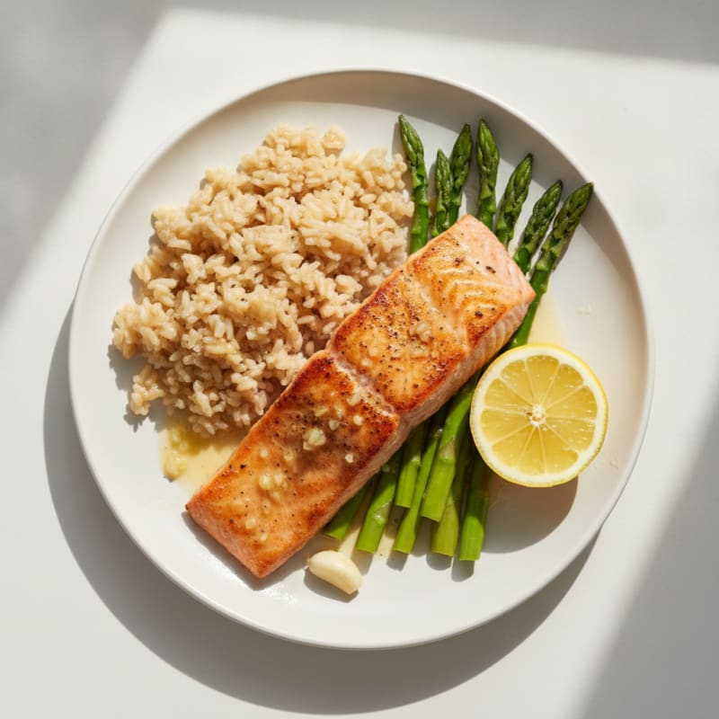Seared Salmon Fillet with Steamed Asparagus and Brown Rice