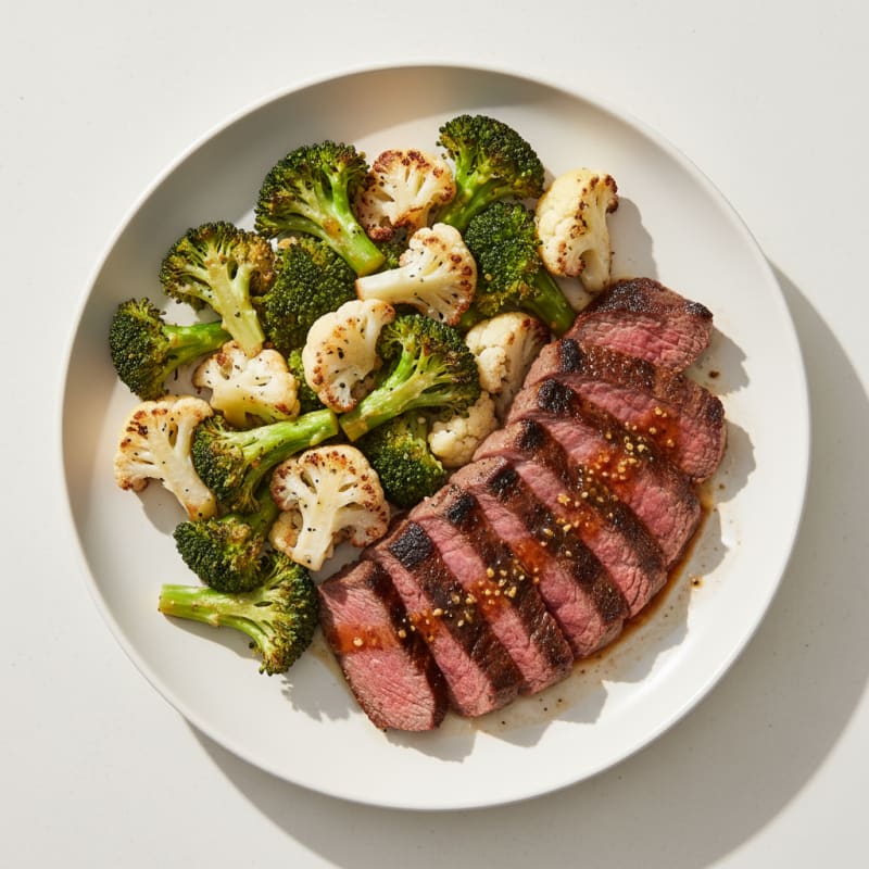 Seared Beef Sirloin with Roasted Broccoli and Cauliflower