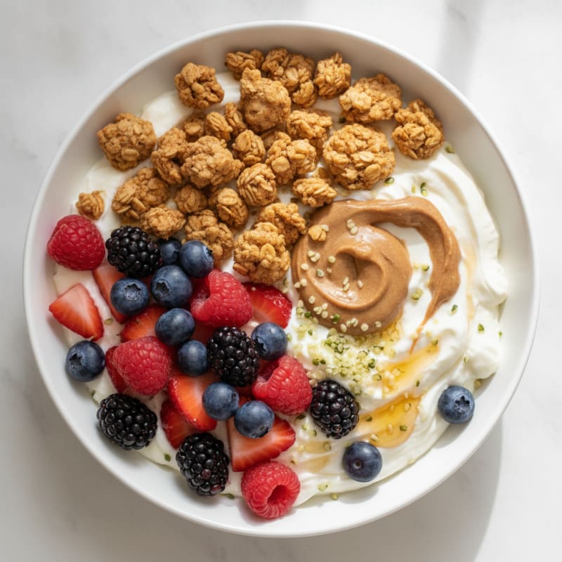 Silky Greek Yogurt Bowl with Protein Granola and Mixed Berries