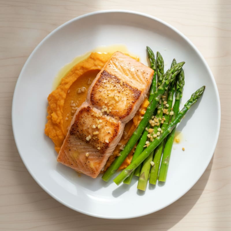 Seared Salmon with Garlic Asparagus and Sweet Potato Mash