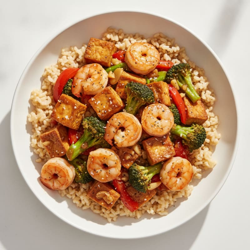 Garlic Tofu and Shrimp Stir-Fry with Brown Rice