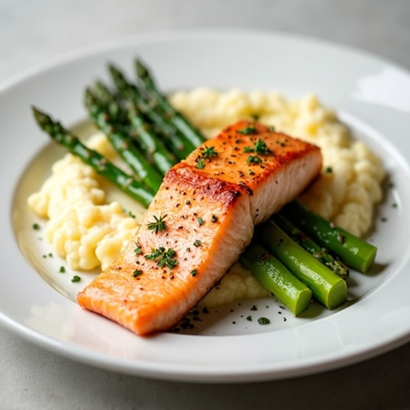 Seared Salmon with Steamed Asparagus and Cauliflower Mash